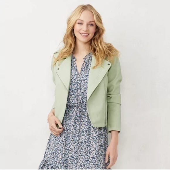 LC Lauren Conrad Moto Jacket womens size medium green zip up puff sleeve - Picture 5 of 12